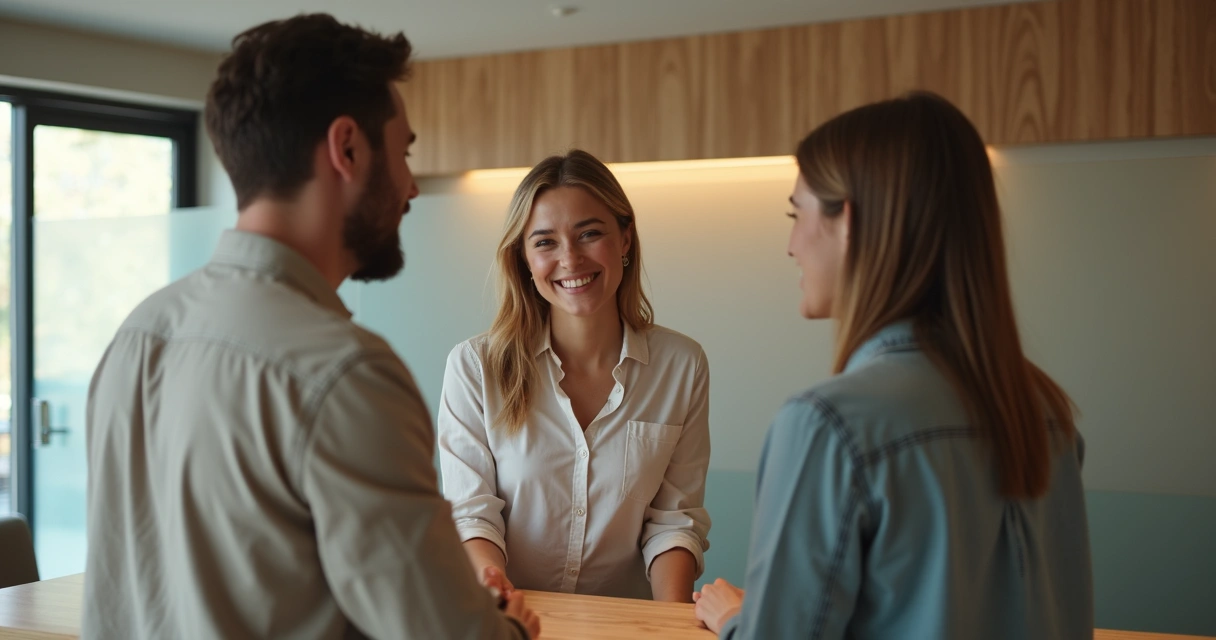 Atendente de motel com sorriso acolhedor em recepção moderna 