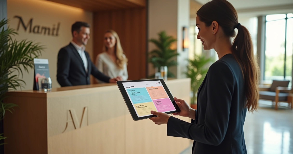 Recepcionista oferecendo upgrade de quarto a hóspede na chegada ao hotel 