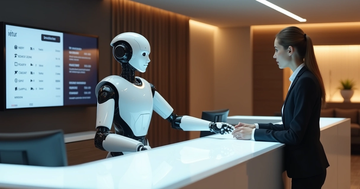 Recepcionista robô atendendo hóspede em balcão moderno de hotel 