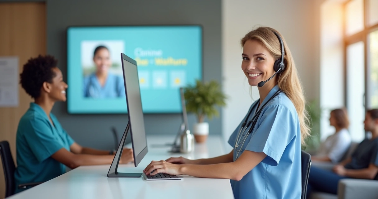 Recepcionista sorrindo ao usar computador em clínica moderna 
