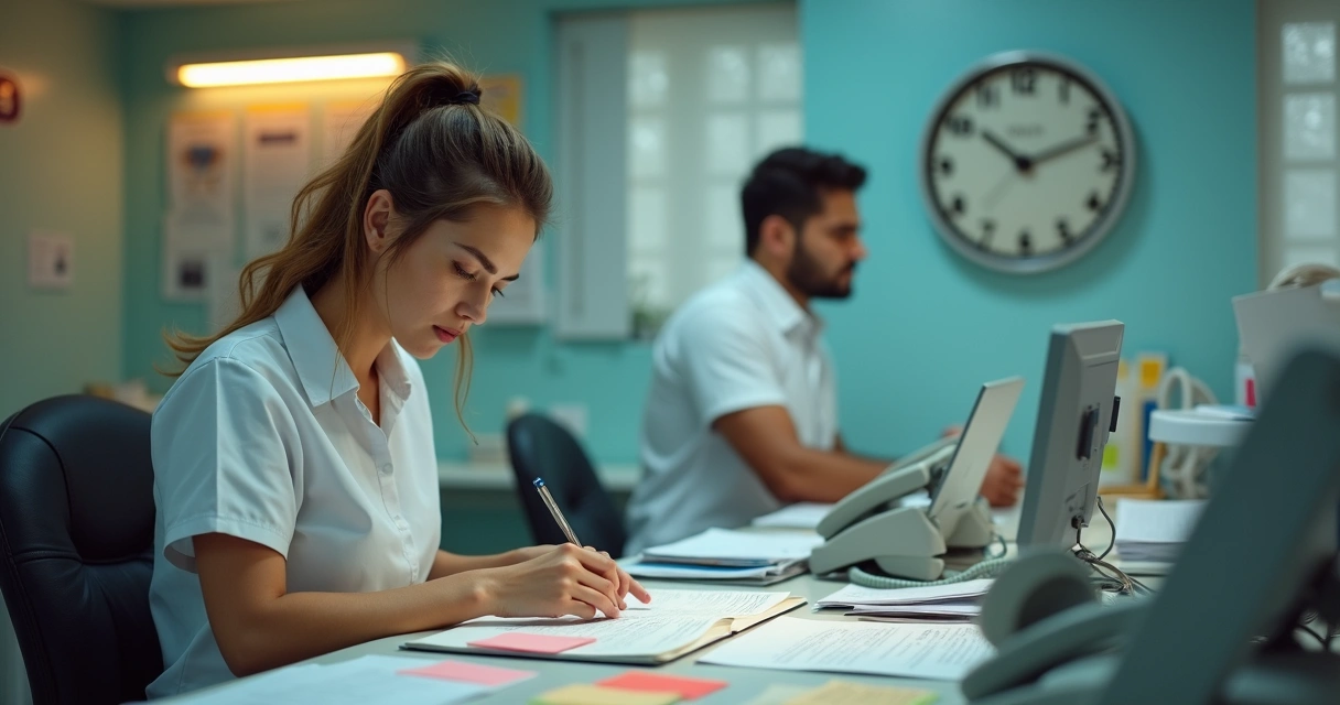 Recepcionista de clínica odontológica lidando com muitos papéis e telefonemas 