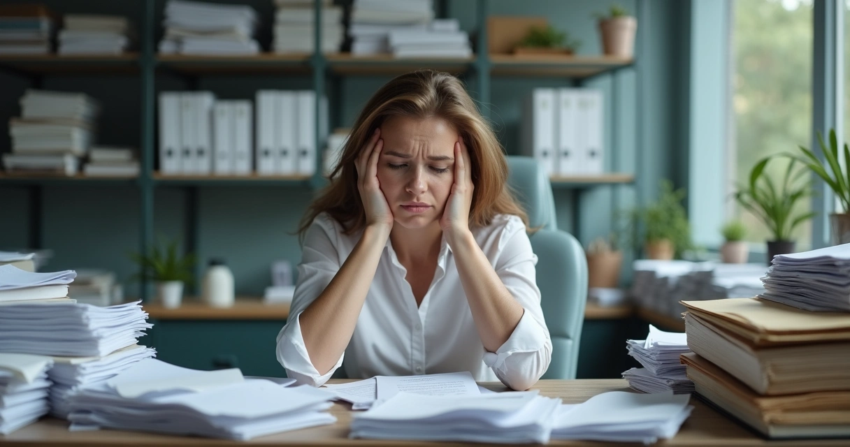 Recepcionista cercada de papéis e fichas em clínica odontológica