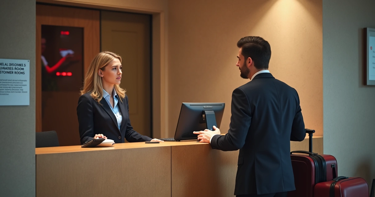 Recepcionista de hotel conversando com hóspede sobre reserva indisponível. 