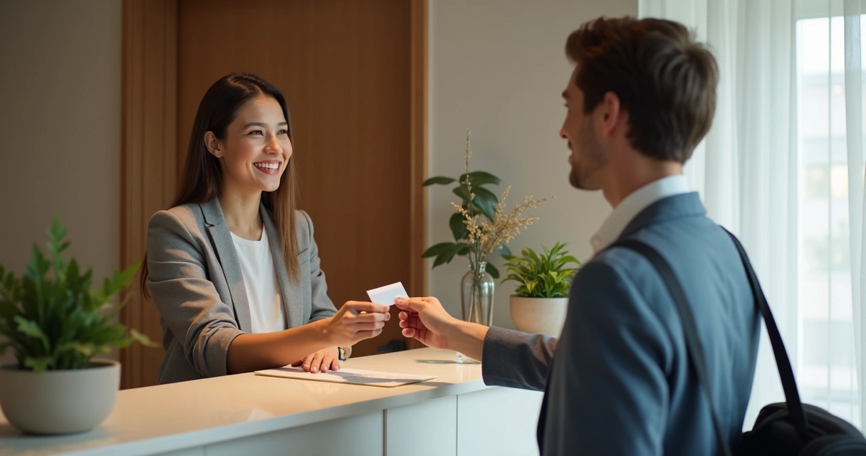 Recepcionista de hotel sorridente entregando cartão de quarto a hóspede animado 
