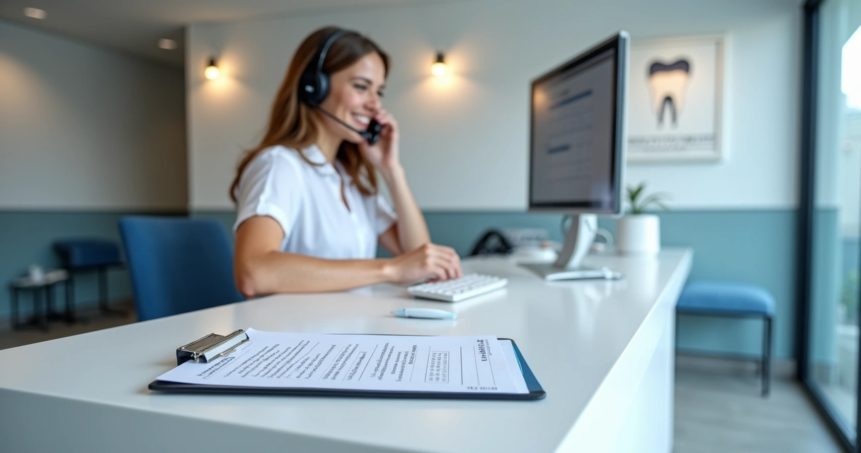 Recepcionista de clínica odontológica falando ao telefone com roteiro destacado sobre a mesa 