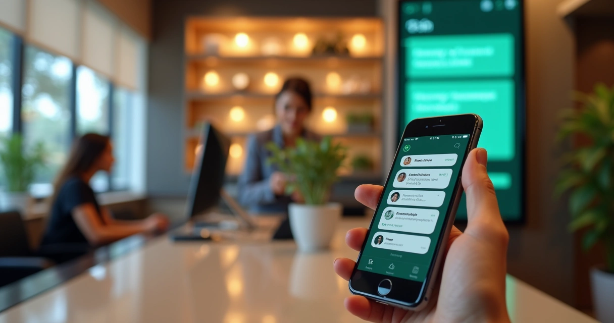 Recepcionista atendendo telefone ao lado de smartphone com mensagens automáticas no WhatsApp 