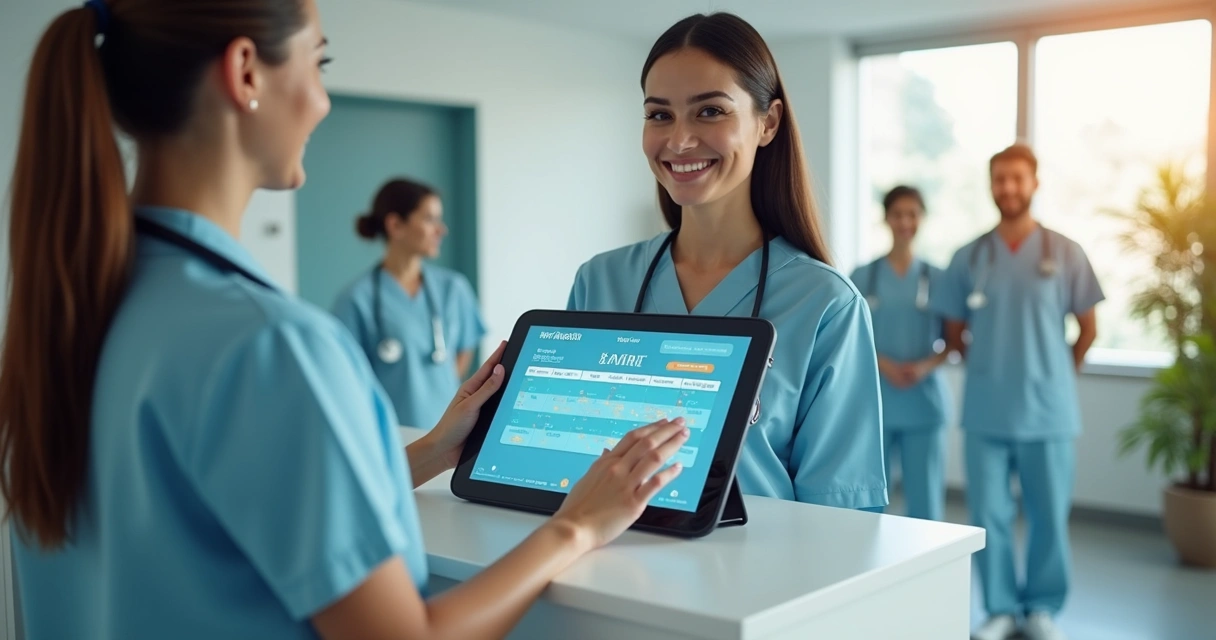 Recepcionista virtual em clínica médica atende pacientes em tela touch 