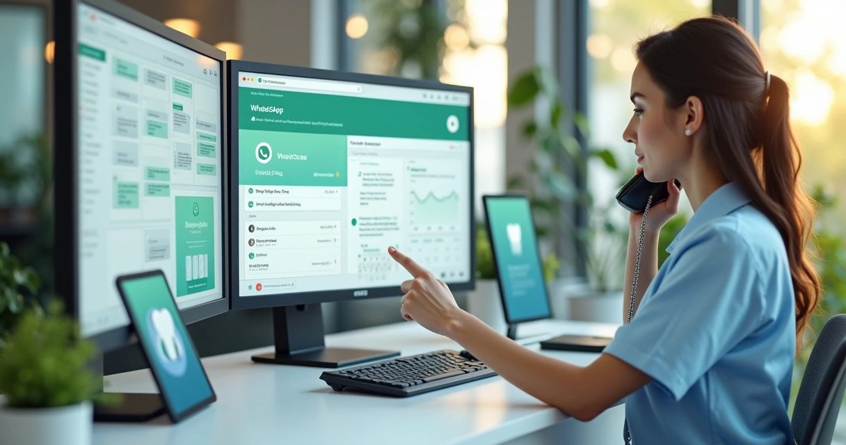 Recepcionista de clínica odontológica trabalhando em equipe com assistente virtual no WhatsApp 