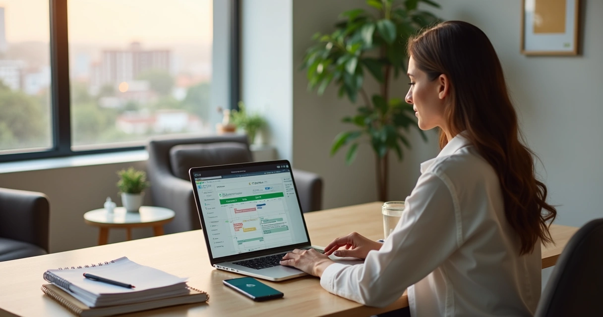 Psicóloga organizando agenda da clínica de psicologia antes do recesso de fim de ano 