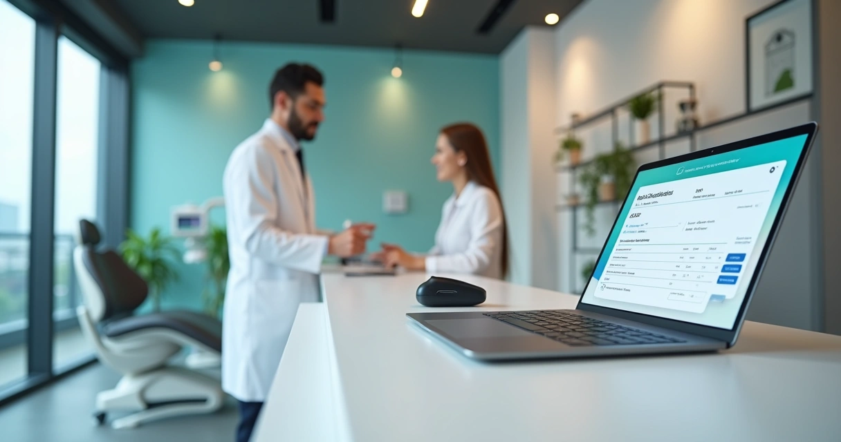 Dentista revisa recibo digital de saúde em tablet na recepção da clínica 