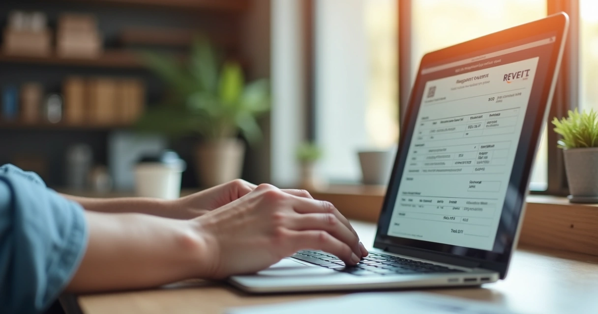 Pessoa inserindo dados em um sistema financeiro para emitir recibo digital na tela do notebook.