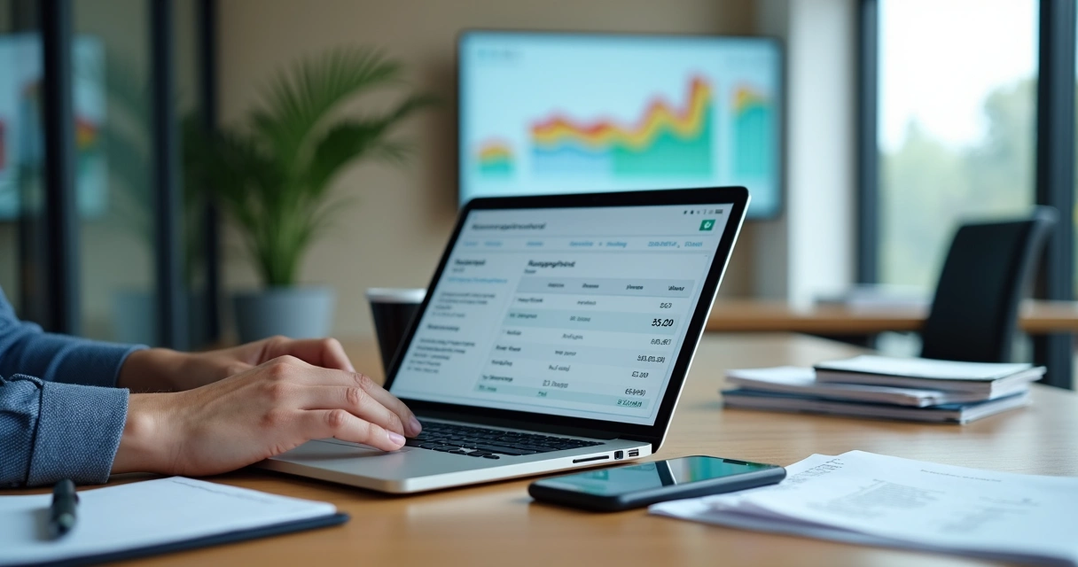 Empresário analisando recibo digital em notebook com gráficos financeiros ao fundo 