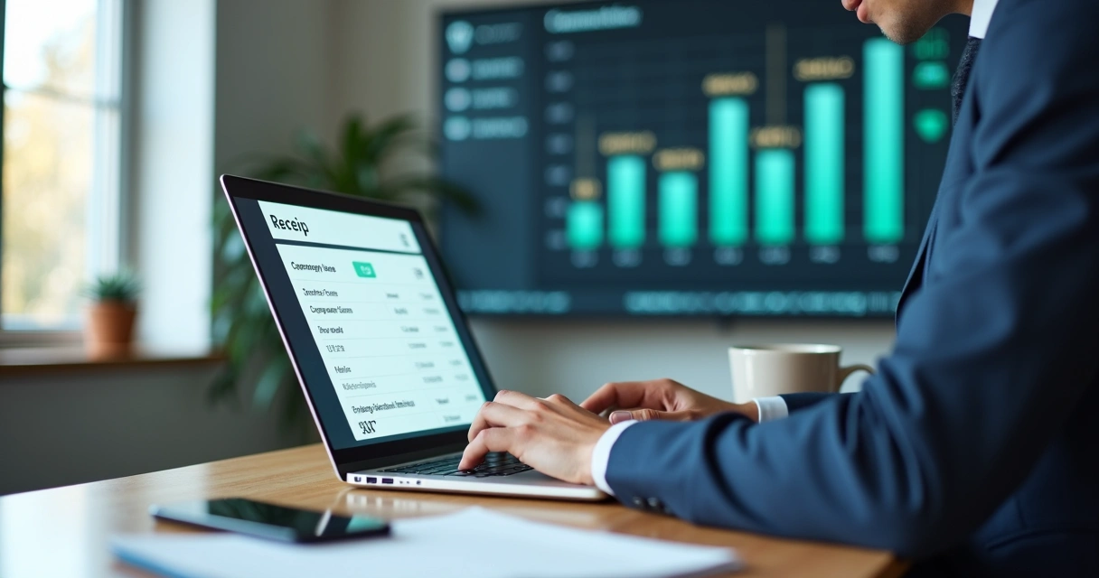 Empresário conferindo recibo online em notebook com gráficos financeiros ao fundo 