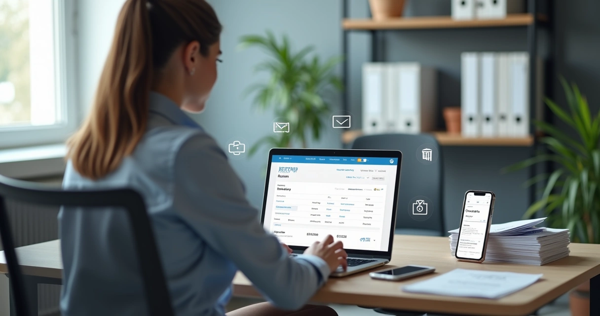 Empresária conferindo recibo simples digital no notebook com ícones de finanças e nuvem 