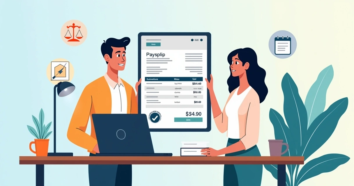 Ilustración de empleador y empleado revisando un recibo de sueldo digital en una tablet con íconos legales alrededor 