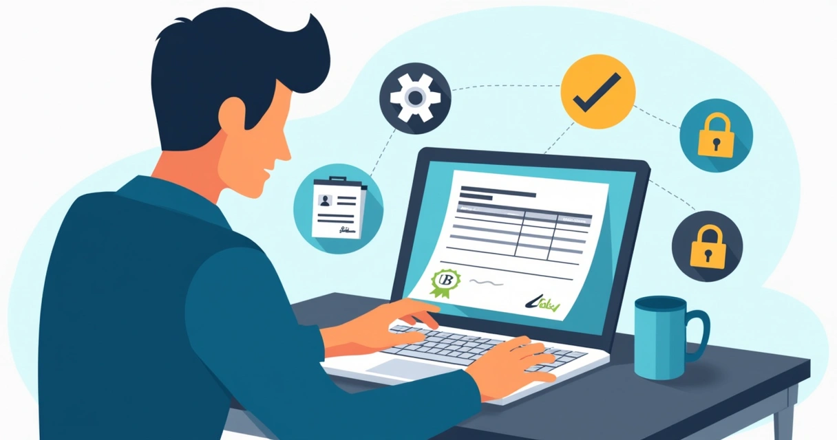 Colaboradora firmando recibo de salario digital en su computadora 