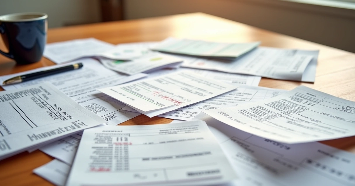 Recibos e comprovantes de pagamento amontoados sobre uma mesa de madeira 