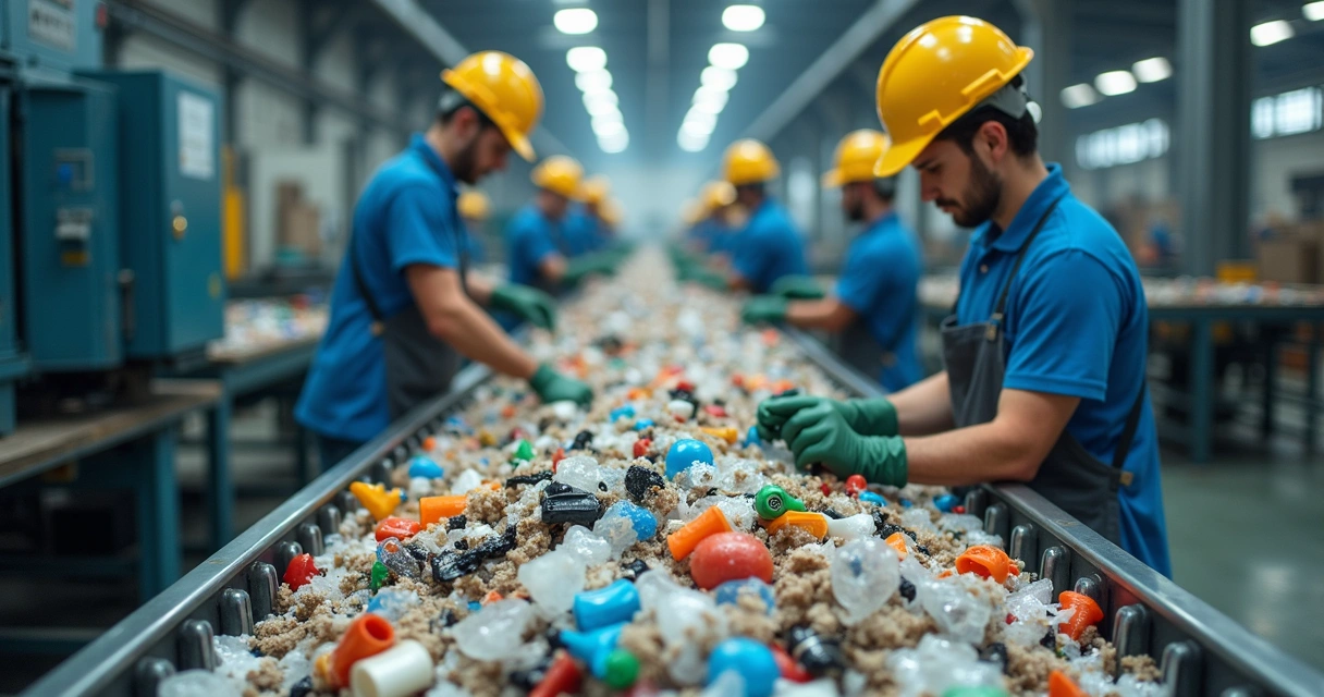 Recicladores selecionando materiais em esteira industrial