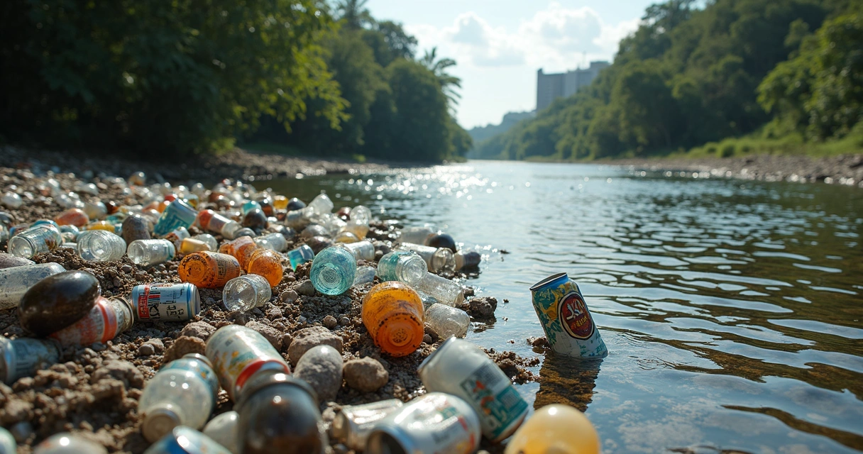 Resíduos acumulados em rio brasileiro, poluição e baixa reciclagem