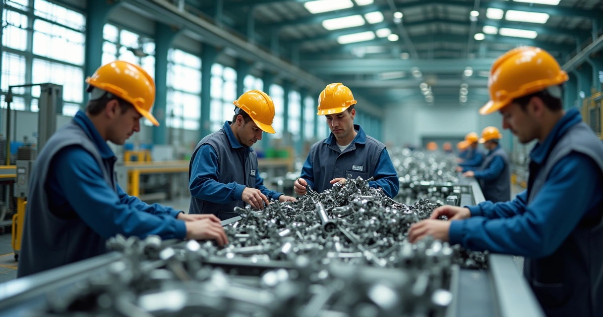 Linha de montagem automotiva com peças metálicas recicladas e equipamentos modernos de reciclagem ao fundo 