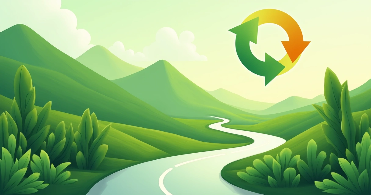 Estrada verde sinuosa com símbolo de reciclagem e paisagem natural ao fundo