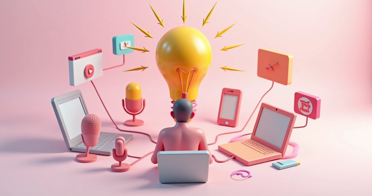 Infográfico mostrando reciclagem de conteúdo digital de vídeo para texto, podcast e stories