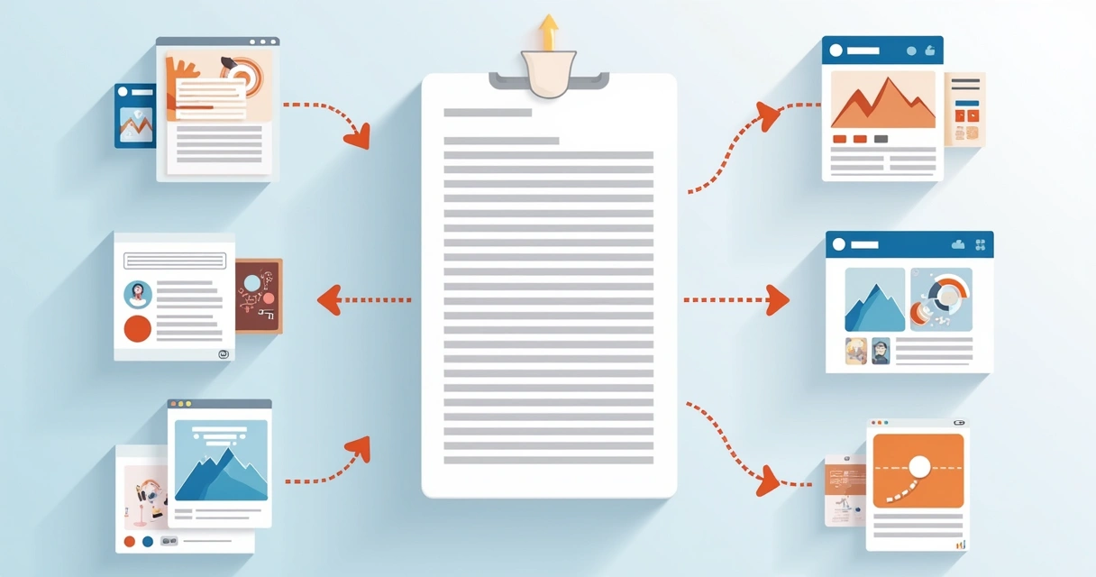 Vários formatos de conteúdo saindo de um mesmo texto original, em fundo moderno 