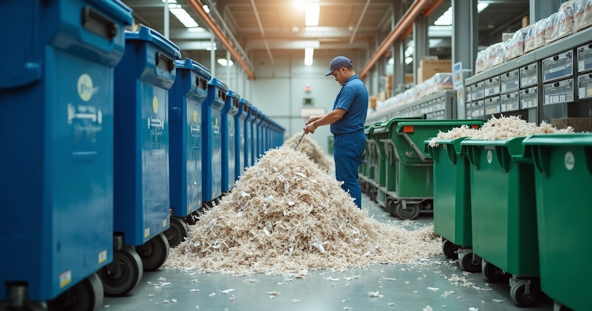 Conteúdo triturado de papel sendo preparado para reciclagem 