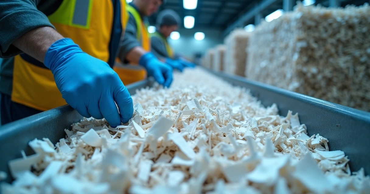 Papéis triturados sendo reciclados em indústria de papel 