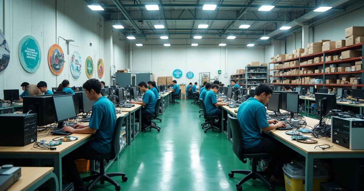 Centro de reciclagem de eletrônicos com profissionais desmontando equipamentos