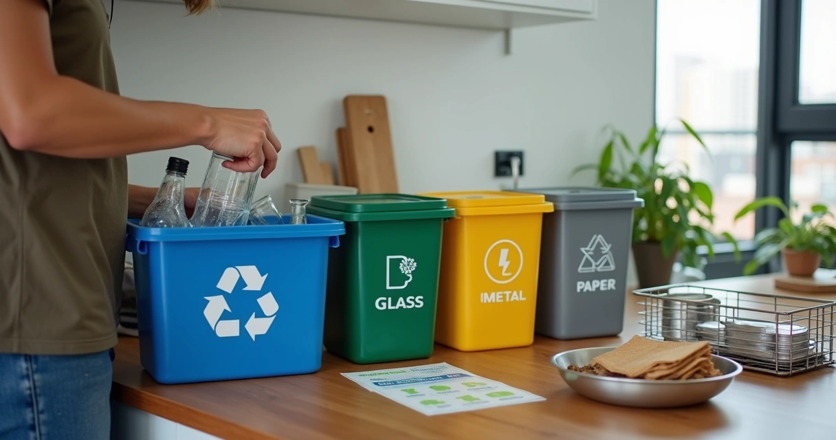 Pessoa organizando recicláveis separados em cozinha moderna 