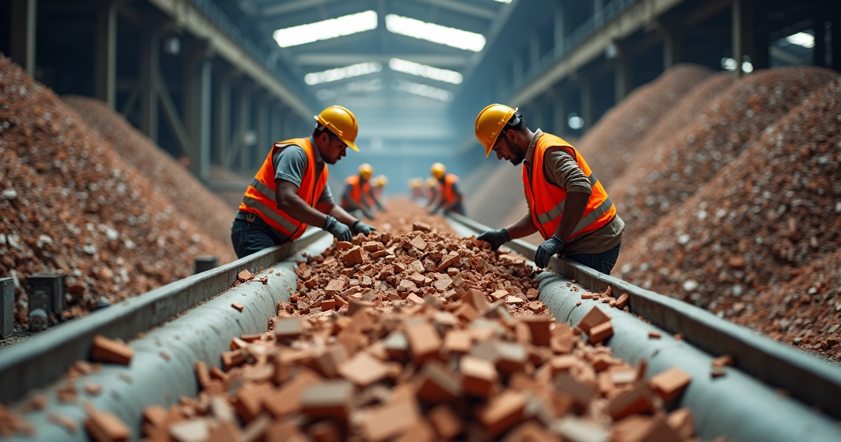 Resíduos de construção civil sendo selecionados para reciclagem 
