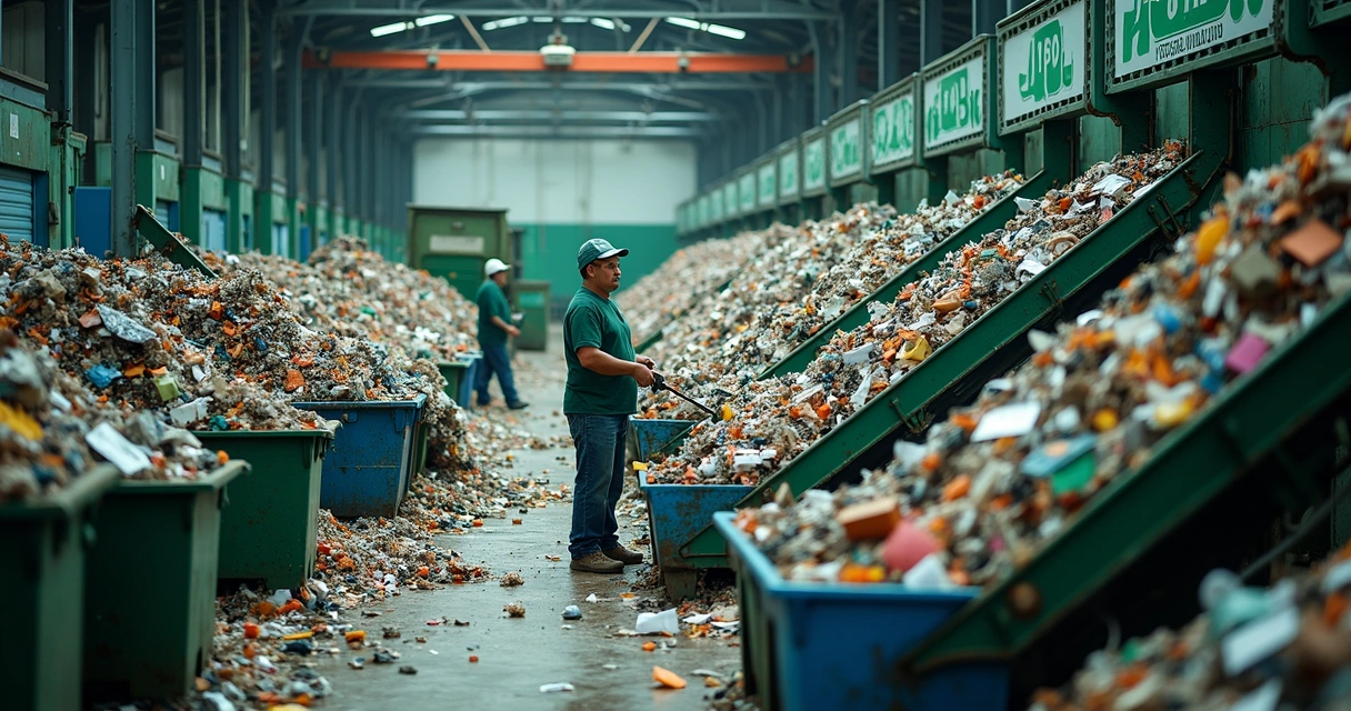 Triagem de resíduos recicláveis em centro de reciclagem brasileiro 