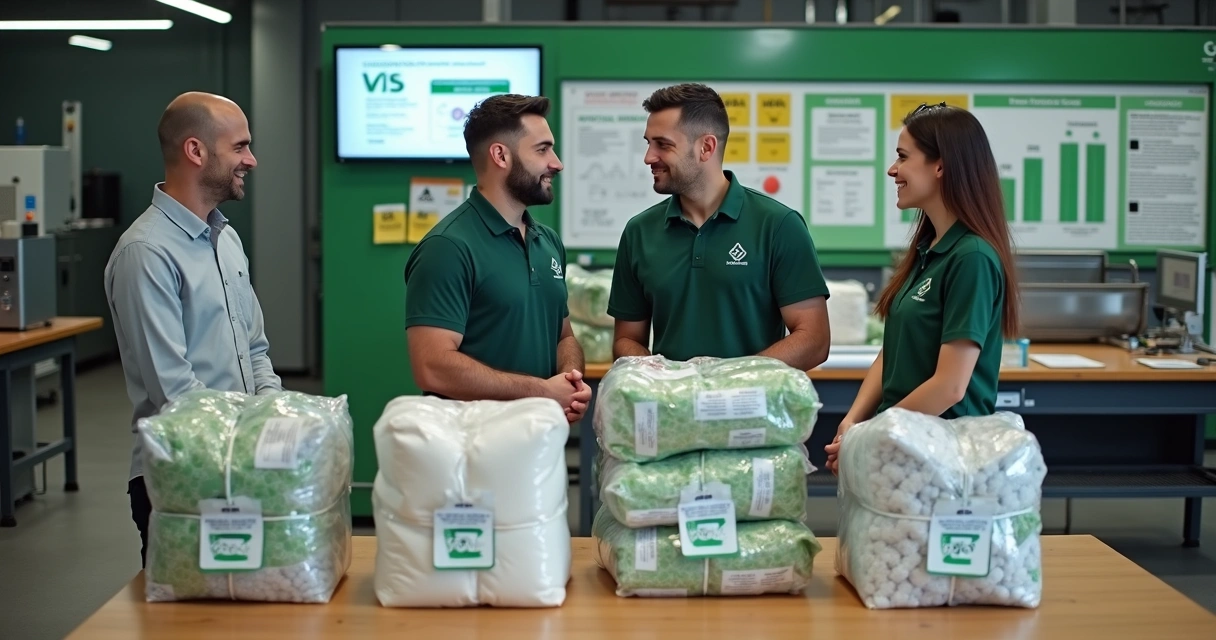 Funcionários de indústria avaliando materiais recicláveis em setor de reciclagem empresarial 