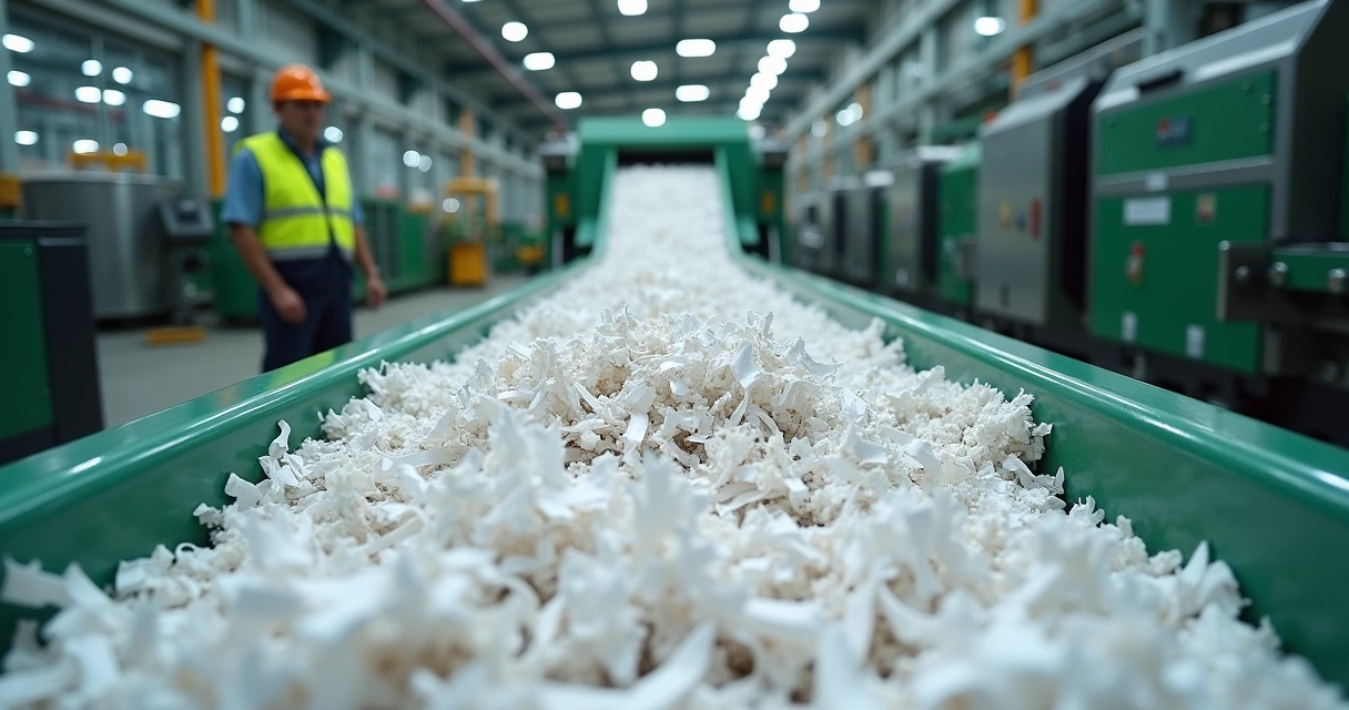 Papel triturado sendo processado em indústria de reciclagem 