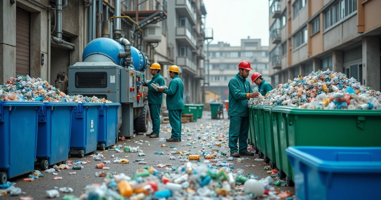 Estação modular de reciclagem de plástico e cooperados trabalhando