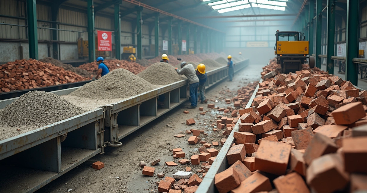 Centro de reciclagem com resíduos de construção sendo processados 
