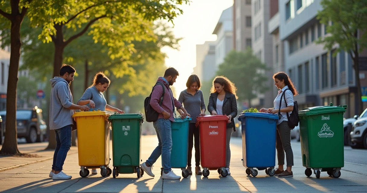 Reciclagem em área urbana com pessoas colaborando. 