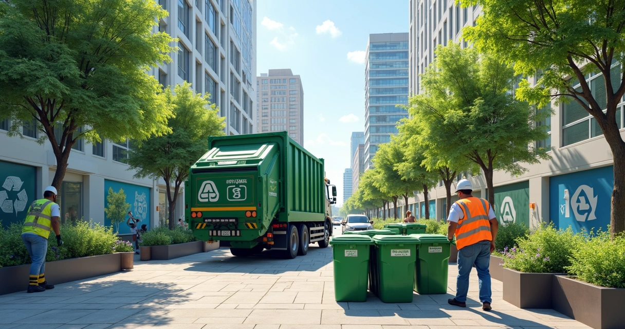 Projeto de reciclagem com coletor, prédios ao fundo e catadores em ação 