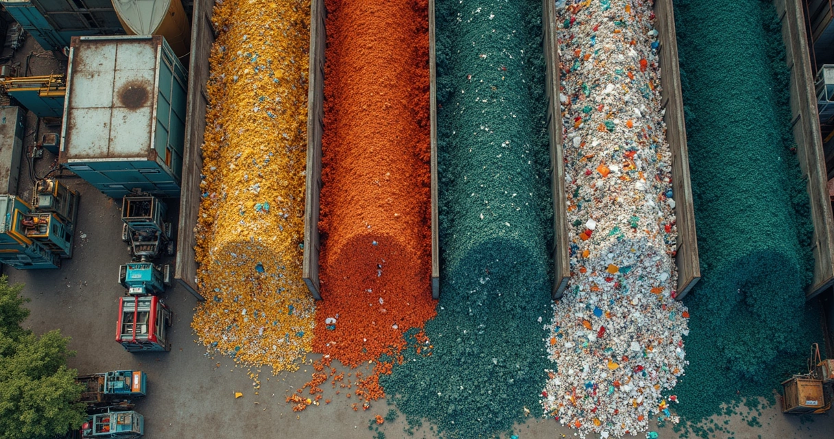 Vista aérea de usina de reciclagem e pilhas de materiais 