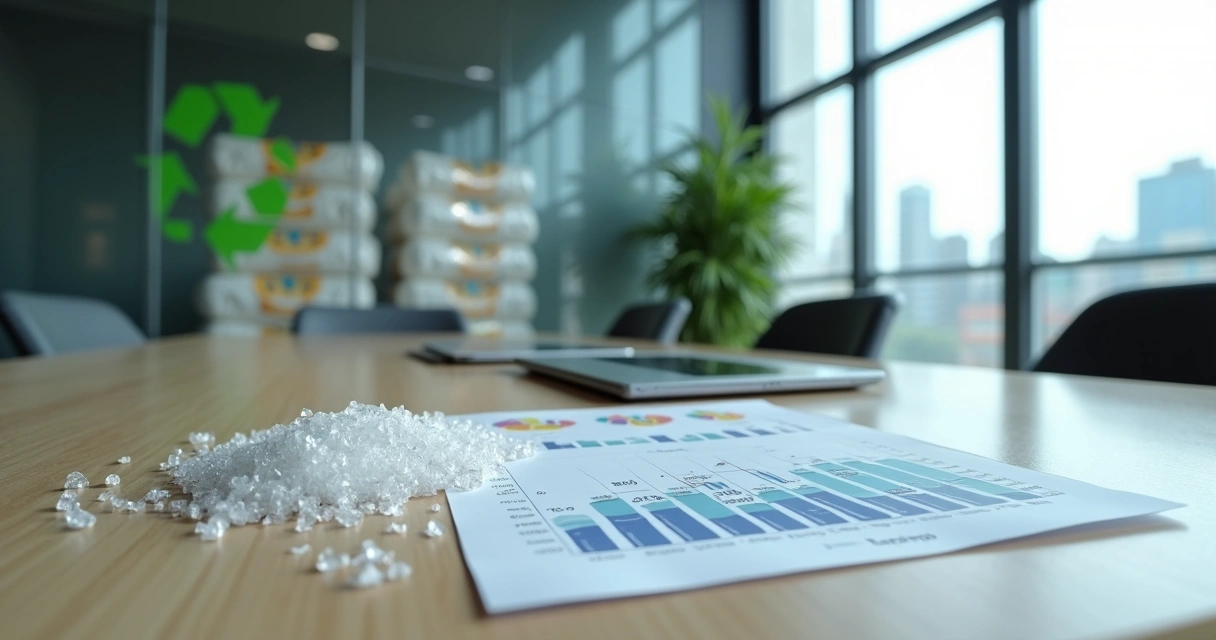 Frascos PET transparentes sobre mesa com tablet exibindo gráfico de tributos sobre recicláveis 