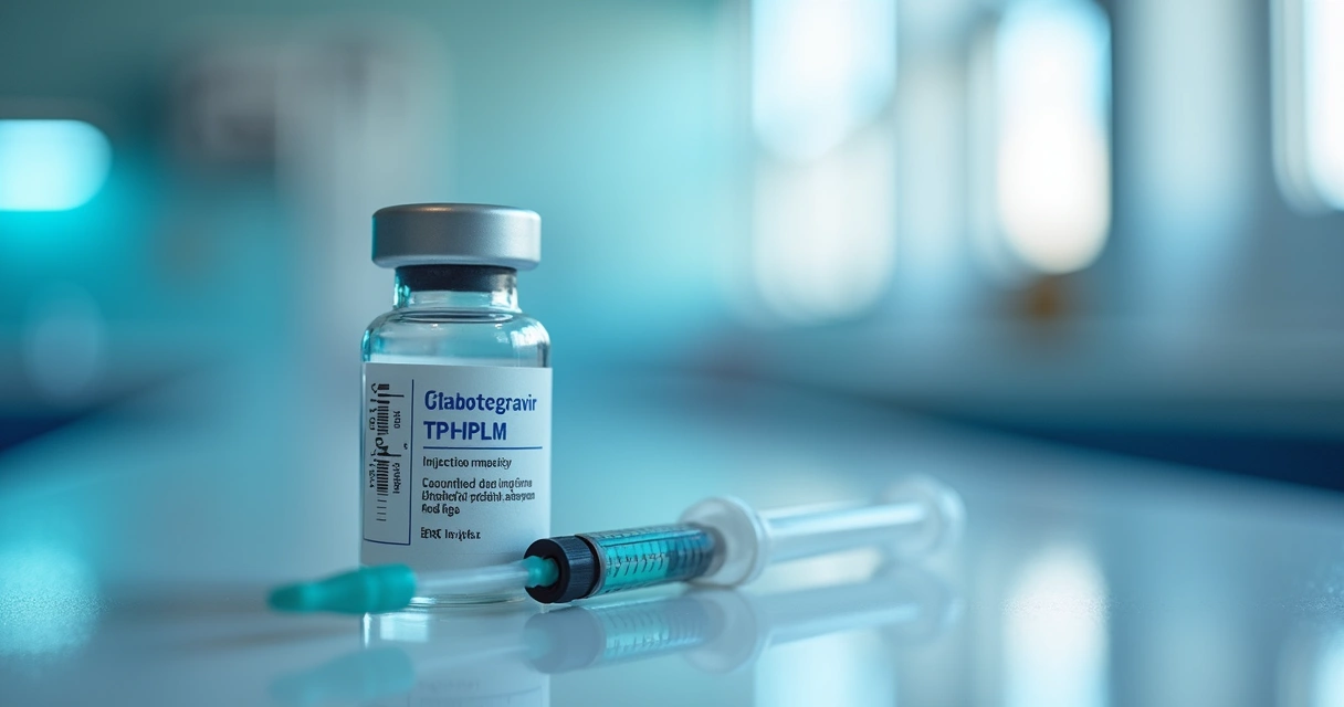 Frasco e seringa de PrEP injetável sobre bancada médica iluminada.