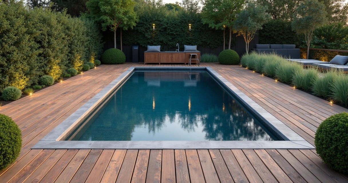 Reclaimed wood deck by pool 
