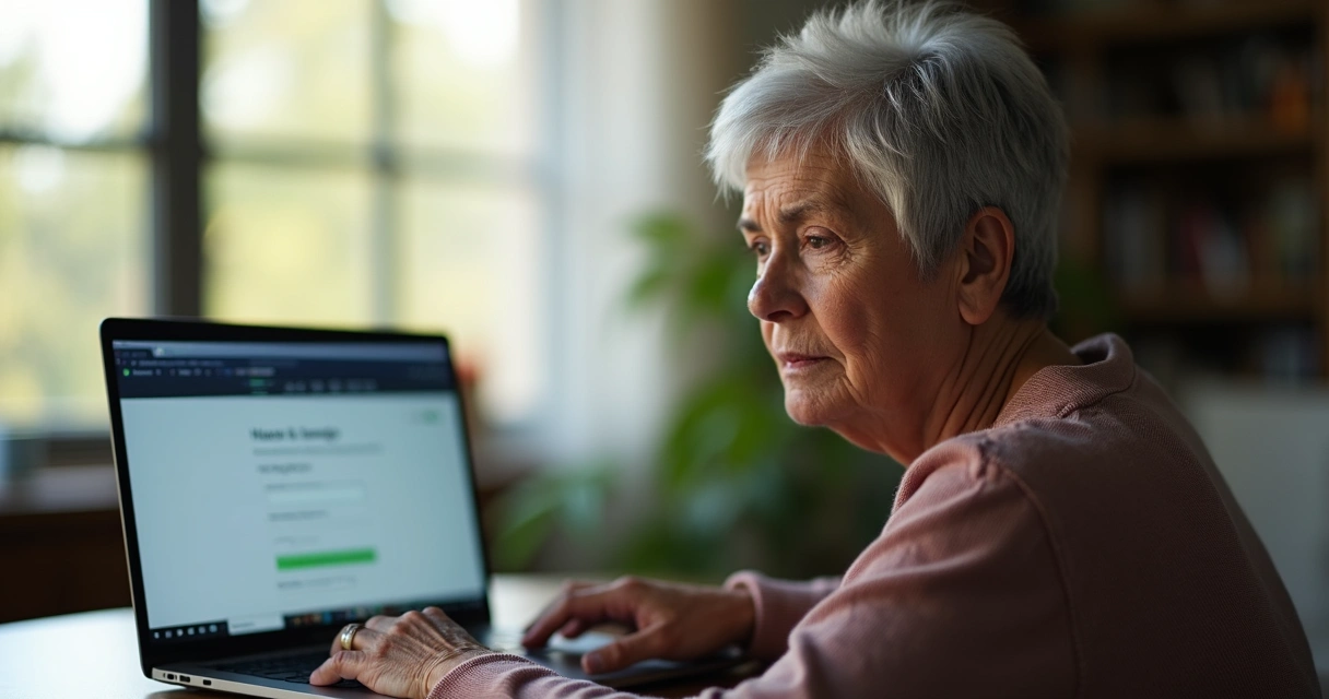 Mulher mais velha no computador acessando site da ANS, tela com formulário de reclamação 