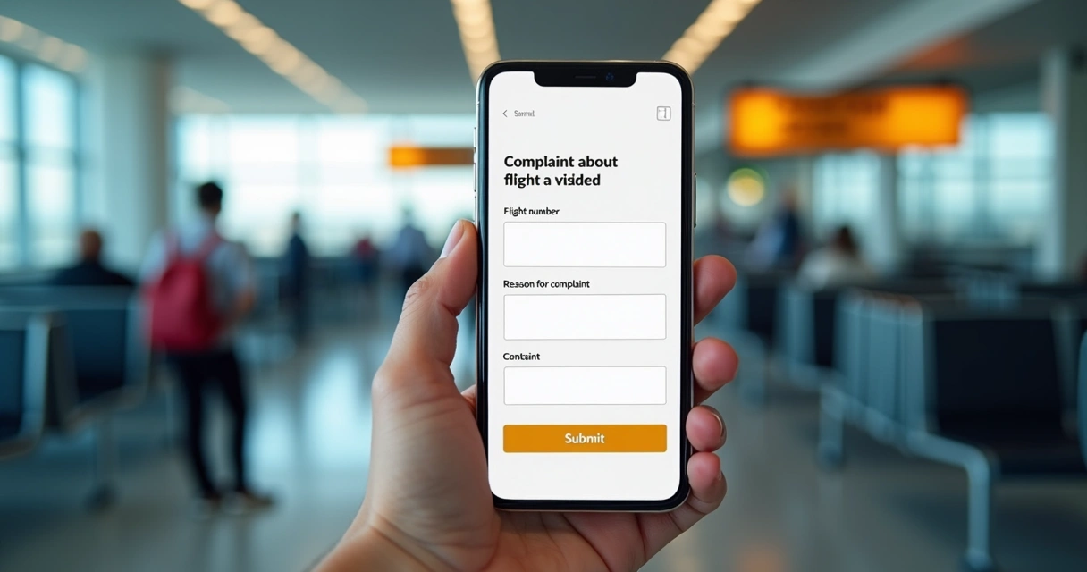 Pessoa utilizando aplicativo para registrar reclamação de voo. 