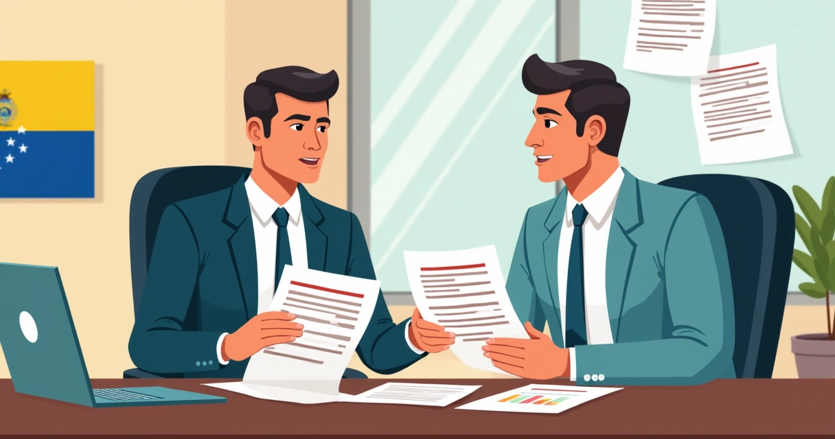 Trabajador y empleador revisando papeles de reclamo laboral en oficina 