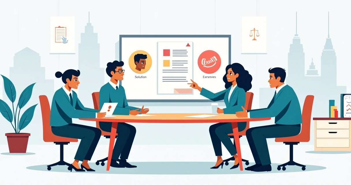 Ilustración de empleados y representante de empresa dialogando sobre reclamo laboral alrededor de una mesa 