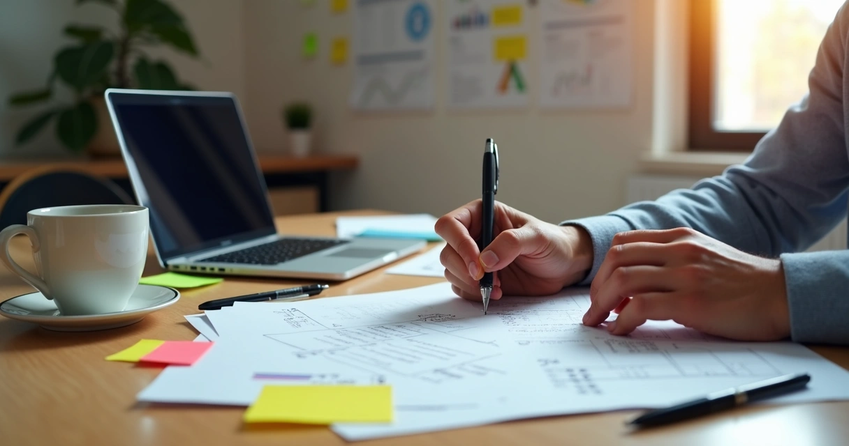 Mesa de oficina con laptop, notas adhesivas y manos escribiendo opiniones de clientes 