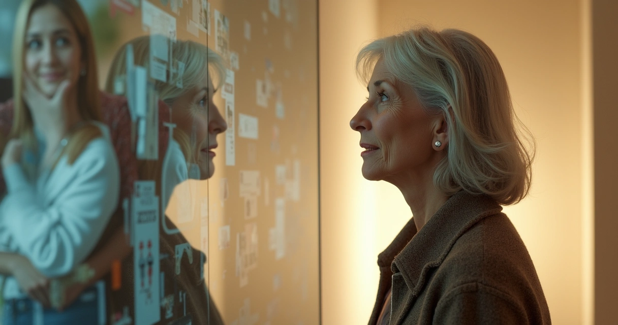 Person looking at overlapping transparent images, representing experiences and moral situations