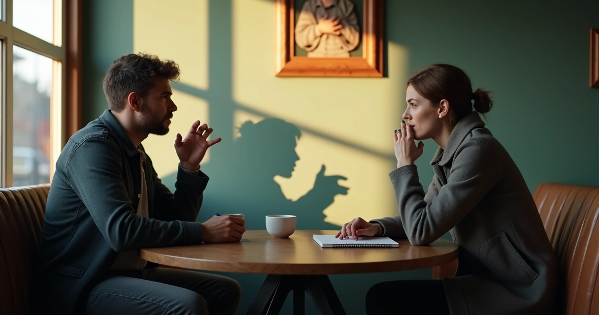 Two people talking with mirrored shadows revealing hidden emotions 